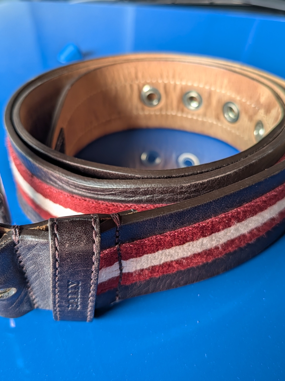 Bally Brown Leather Belt with Red, White & Blue Striped Inlay